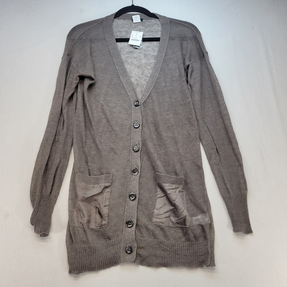 J.Crew Cardigan Women Medium Brown Linen Silk Pocket Longline V-Neck